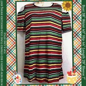 M NIB NEW GREEN & RED STRIPED TUNIC COLD SHOULDER SWING KNIT TOP A-LINE STYLE